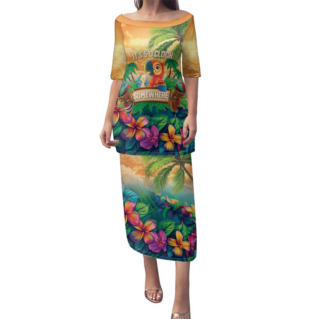 5 Oclock Somewhere Personalized Family Matching Puletasi and Hawaiian Shirt Hawaii Parrots Plumeria Summer Vibe LT9 Mom's Dress Yellow - Polynesian Pride