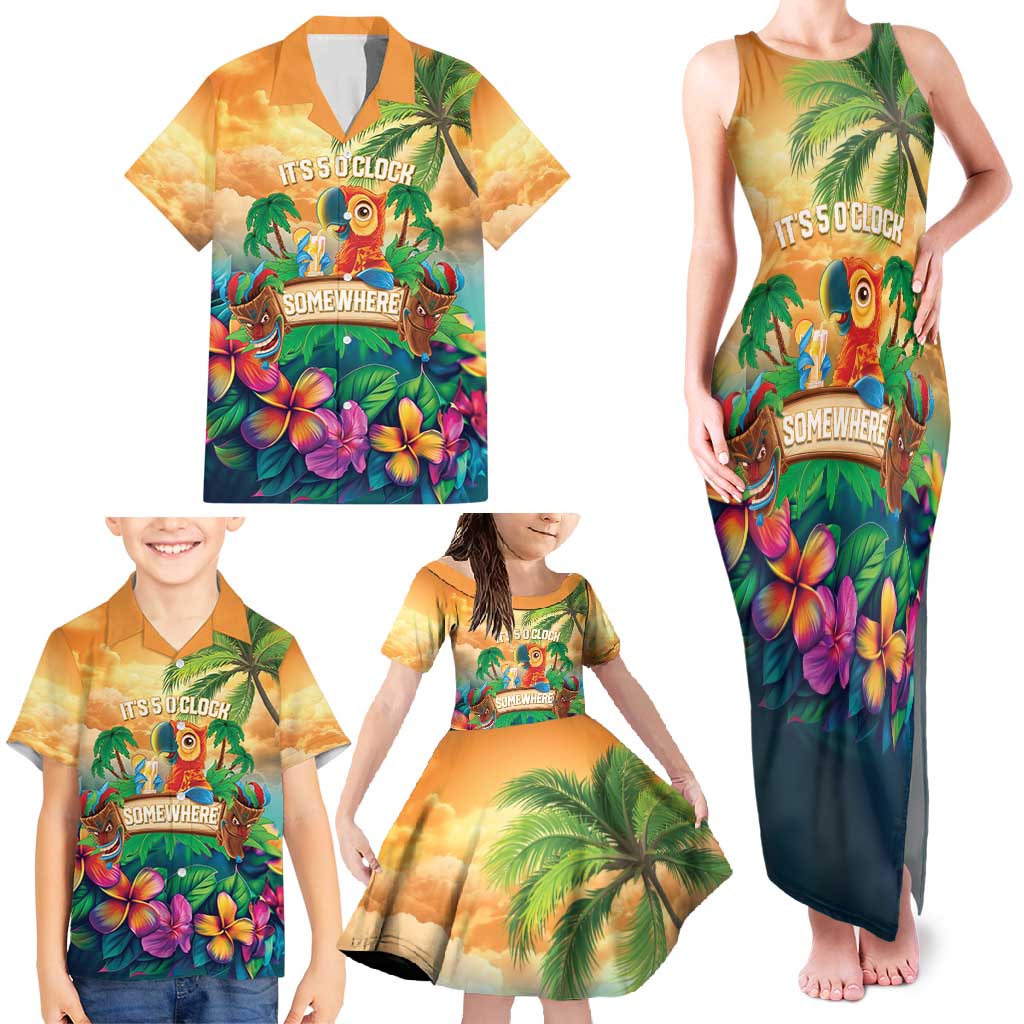 5 Oclock Somewhere Personalized Family Matching Tank Maxi Dress and Hawaiian Shirt Hawaii Parrots Plumeria Summer Vibe LT9 - Polynesian Pride