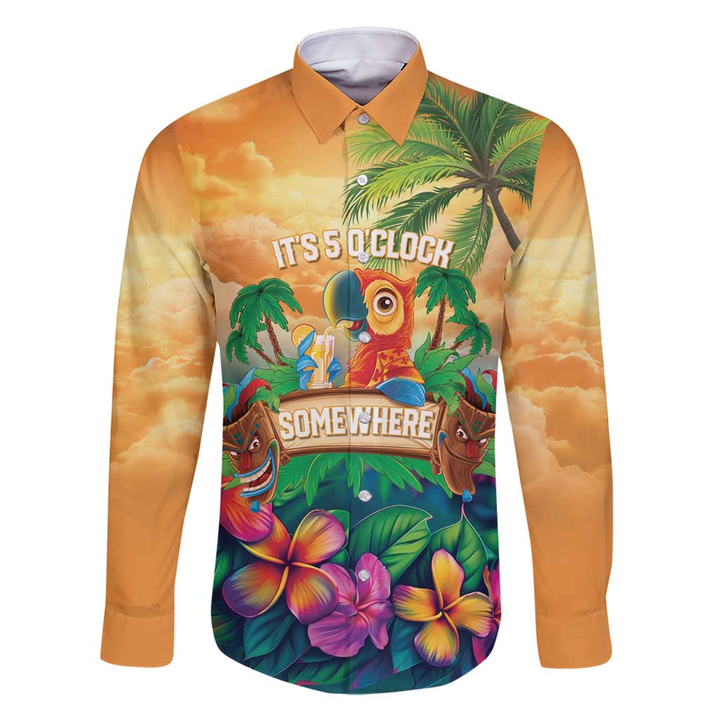5 Oclock Somewhere Personalized Family Matching Tank Maxi Dress and Hawaiian Shirt Hawaii Parrots Plumeria Summer Vibe LT9 Dad's Shirt - Long Sleeve Yellow - Polynesian Pride
