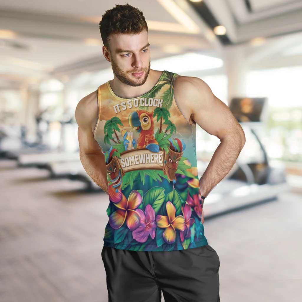 5 Oclock Somewhere Personalized Men Tank Top Hawaii Parrots Plumeria Summer Vibe - Polynesian Pride