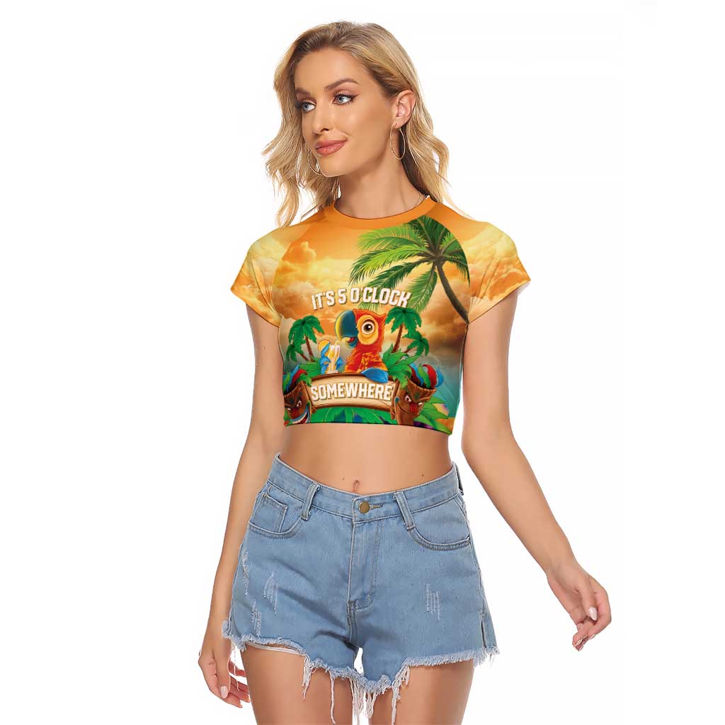 5 Oclock Somewhere Personalized Raglan Cropped T Shirt Hawaii Parrots Plumeria Summer Vibe - Polynesian Pride