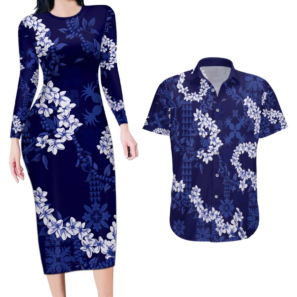 Mokihana Maile and Ilima Leis Couples Matching Long Sleeve Bodycon Dress and Hawaiian Shirt Uliuli Hawaiian Tapa Quilt Pattern LT9 Blue - Polynesian Pride
