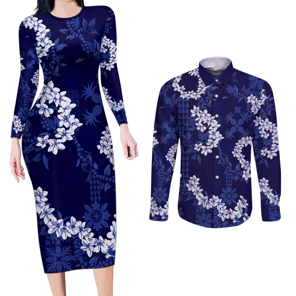 Mokihana Maile and Ilima Leis Couples Matching Long Sleeve Bodycon Dress and Long Sleeve Button Shirt Uliuli Hawaiian Tapa Quilt Pattern LT9 Blue - Polynesian Pride