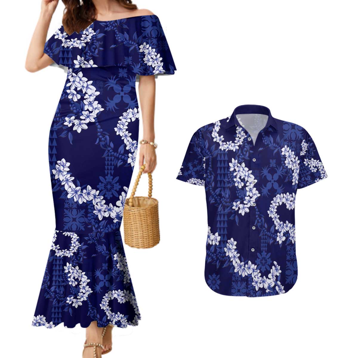 Mokihana Maile and Ilima Leis Couples Matching Mermaid Dress and Hawaiian Shirt Uliuli Hawaiian Tapa Quilt Pattern LT9 Blue - Polynesian Pride