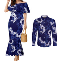 Mokihana Maile and Ilima Leis Couples Matching Mermaid Dress and Long Sleeve Button Shirt Uliuli Hawaiian Tapa Quilt Pattern LT9 Blue - Polynesian Pride