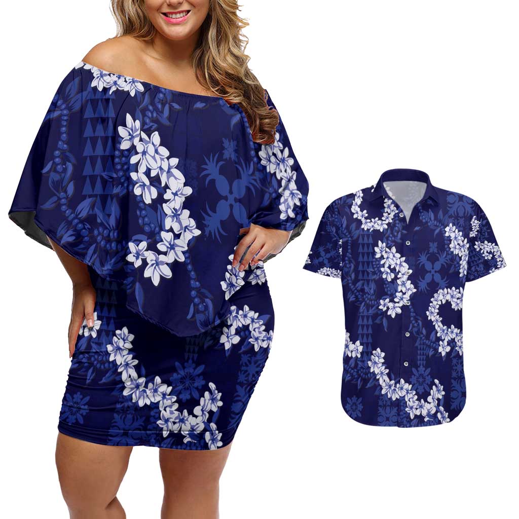 Mokihana Maile and Ilima Leis Couples Matching Off Shoulder Short Dress and Hawaiian Shirt Uliuli Hawaiian Tapa Quilt Pattern LT9 Blue - Polynesian Pride