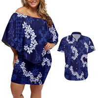 Mokihana Maile and Ilima Leis Couples Matching Off Shoulder Short Dress and Hawaiian Shirt Uliuli Hawaiian Tapa Quilt Pattern LT9 Blue - Polynesian Pride