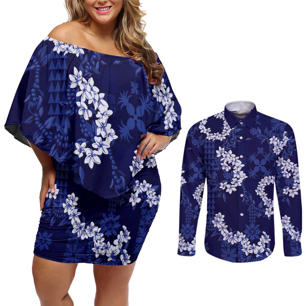 Mokihana Maile and Ilima Leis Couples Matching Off Shoulder Short Dress and Long Sleeve Button Shirt Uliuli Hawaiian Tapa Quilt Pattern LT9 Blue - Polynesian Pride