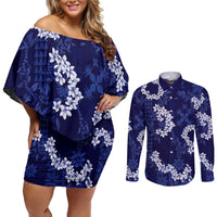 Mokihana Maile and Ilima Leis Couples Matching Off Shoulder Short Dress and Long Sleeve Button Shirt Uliuli Hawaiian Tapa Quilt Pattern LT9 Blue - Polynesian Pride