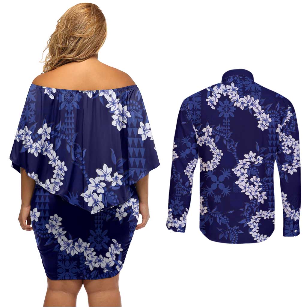 Mokihana Maile and Ilima Leis Couples Matching Off Shoulder Short Dress and Long Sleeve Button Shirt Uliuli Hawaiian Tapa Quilt Pattern LT9 - Polynesian Pride