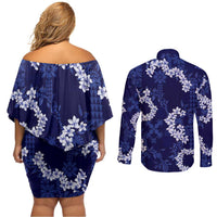 Mokihana Maile and Ilima Leis Couples Matching Off Shoulder Short Dress and Long Sleeve Button Shirt Uliuli Hawaiian Tapa Quilt Pattern LT9 - Polynesian Pride