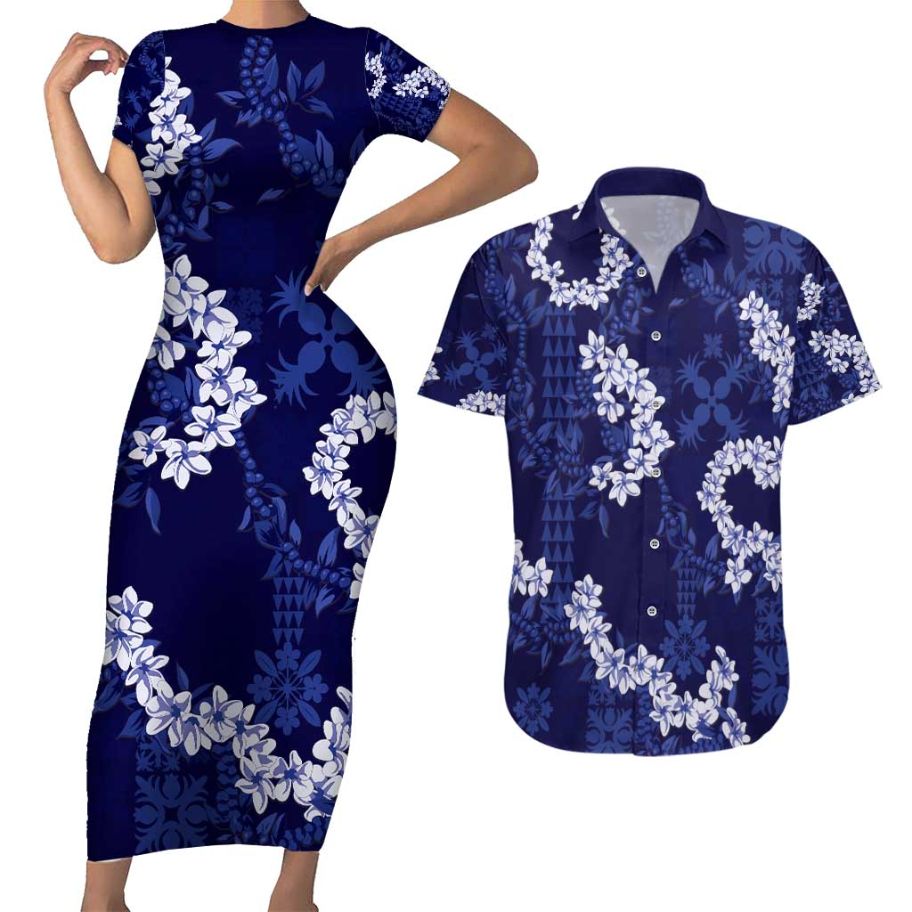 Mokihana Maile and Ilima Leis Couples Matching Short Sleeve Bodycon Dress and Hawaiian Shirt Uliuli Hawaiian Tapa Quilt Pattern LT9 Blue - Polynesian Pride