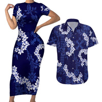 Mokihana Maile and Ilima Leis Couples Matching Short Sleeve Bodycon Dress and Hawaiian Shirt Uliuli Hawaiian Tapa Quilt Pattern LT9 Blue - Polynesian Pride
