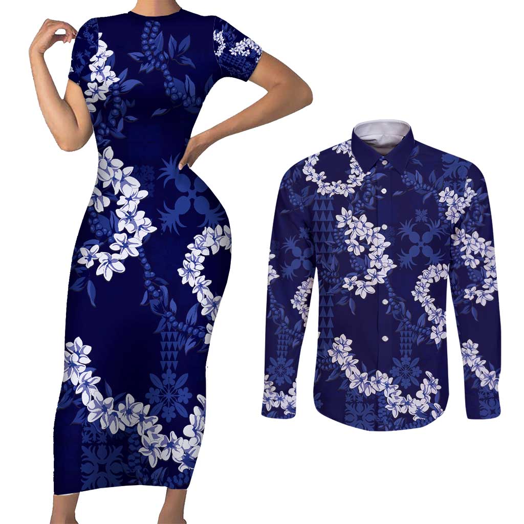 Mokihana Maile and Ilima Leis Couples Matching Short Sleeve Bodycon Dress and Long Sleeve Button Shirt Uliuli Hawaiian Tapa Quilt Pattern LT9 Blue - Polynesian Pride