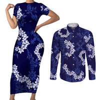 Mokihana Maile and Ilima Leis Couples Matching Short Sleeve Bodycon Dress and Long Sleeve Button Shirt Uliuli Hawaiian Tapa Quilt Pattern LT9 Blue - Polynesian Pride