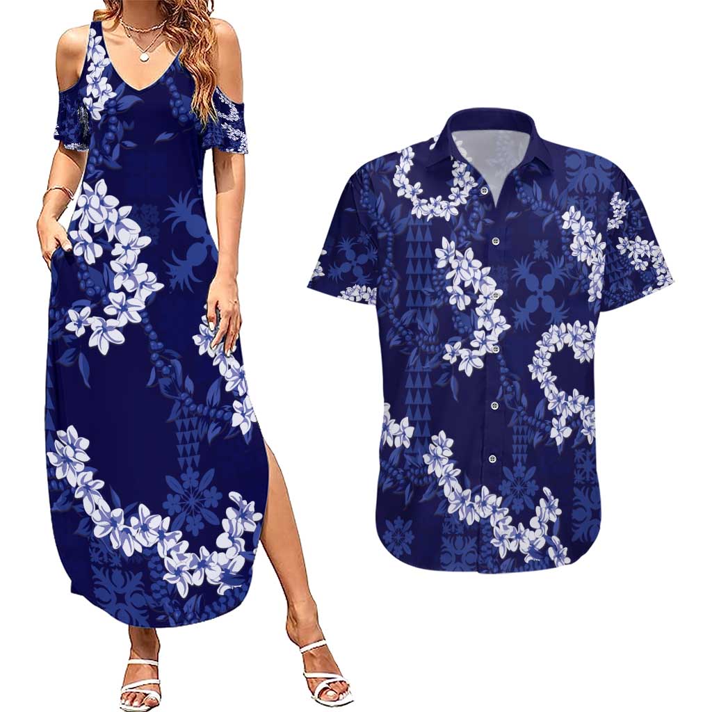 Mokihana Maile and Ilima Leis Couples Matching Summer Maxi Dress and Hawaiian Shirt Uliuli Hawaiian Tapa Quilt Pattern LT9 Blue - Polynesian Pride