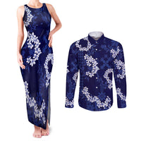 Mokihana Maile and Ilima Leis Couples Matching Tank Maxi Dress and Long Sleeve Button Shirt Uliuli Hawaiian Tapa Quilt Pattern LT9 Blue - Polynesian Pride
