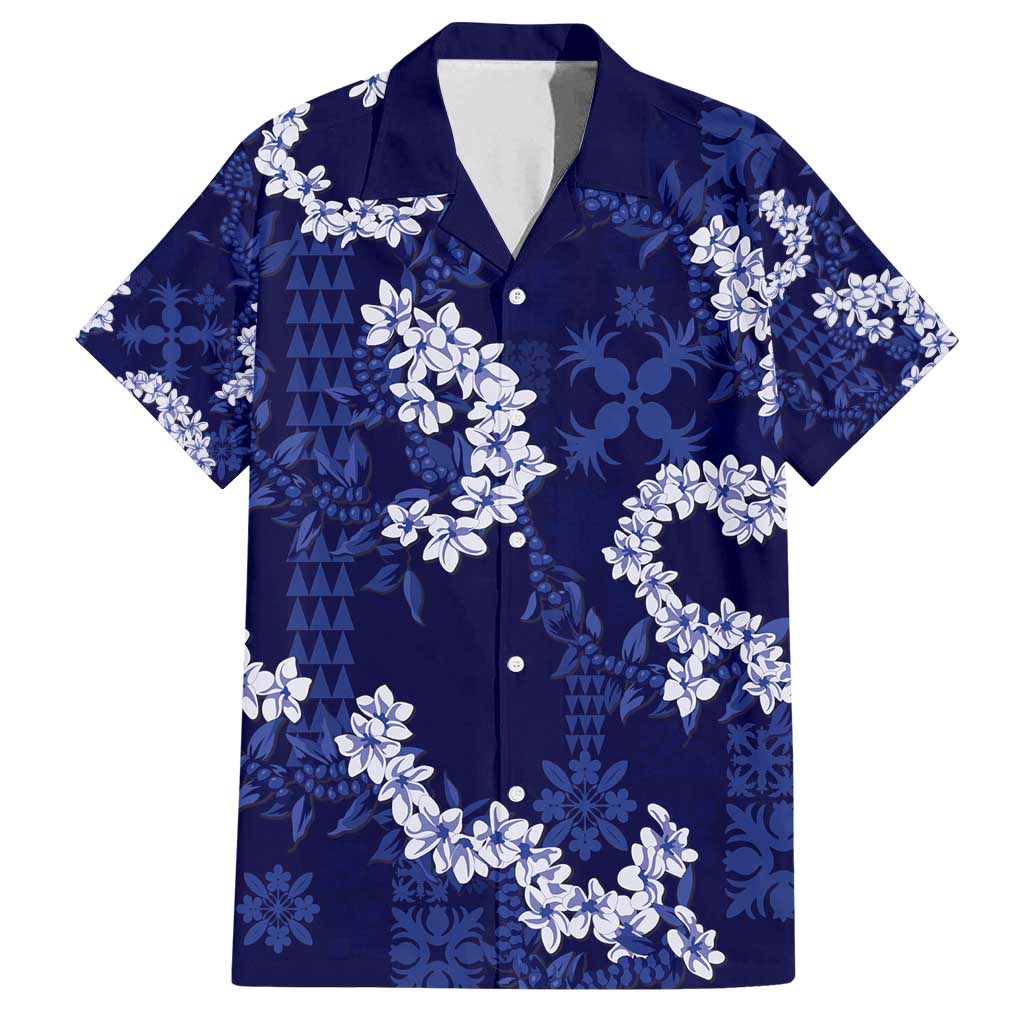 Mokihana Maile and Ilima Leis Family Matching Long Sleeve Bodycon Dress and Hawaiian Shirt Uliuli Hawaiian Tapa Quilt Pattern LT9 Dad's Shirt - Short Sleeve Blue - Polynesian Pride