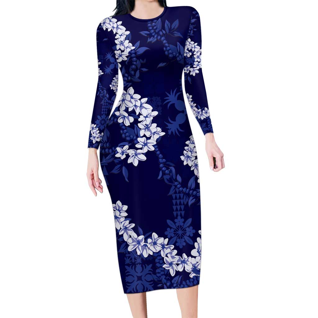 Mokihana Maile and Ilima Leis Family Matching Long Sleeve Bodycon Dress and Hawaiian Shirt Uliuli Hawaiian Tapa Quilt Pattern LT9 Mom's Dress Blue - Polynesian Pride