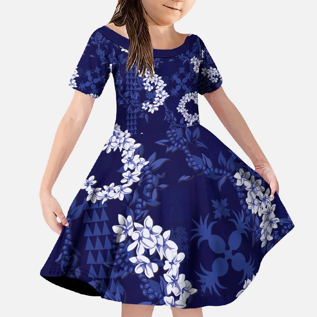 Mokihana Maile and Ilima Leis Family Matching Mermaid Dress and Hawaiian Shirt Uliuli Hawaiian Tapa Quilt Pattern LT9 Daughter's Dress Blue - Polynesian Pride