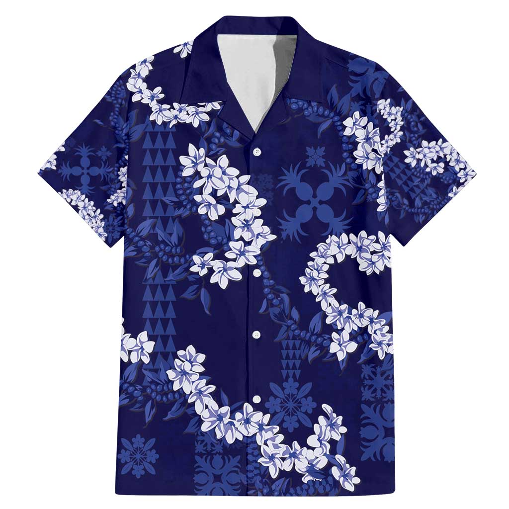 Mokihana Maile and Ilima Leis Family Matching Mermaid Dress and Hawaiian Shirt Uliuli Hawaiian Tapa Quilt Pattern LT9 Dad's Shirt - Short Sleeve Blue - Polynesian Pride