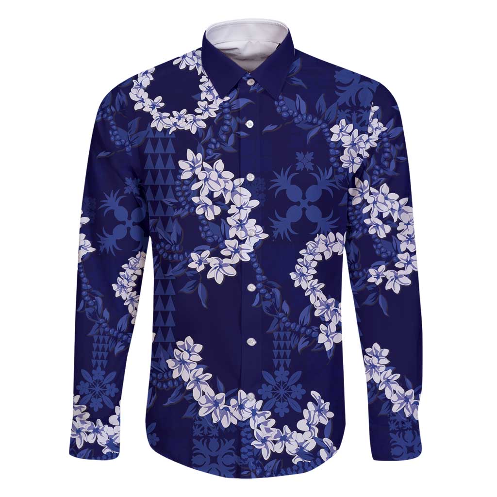 Mokihana Maile and Ilima Leis Family Matching Mermaid Dress and Hawaiian Shirt Uliuli Hawaiian Tapa Quilt Pattern LT9 Dad's Shirt - Long Sleeve Blue - Polynesian Pride