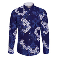 Mokihana Maile and Ilima Leis Family Matching Mermaid Dress and Hawaiian Shirt Uliuli Hawaiian Tapa Quilt Pattern LT9 Dad's Shirt - Long Sleeve Blue - Polynesian Pride
