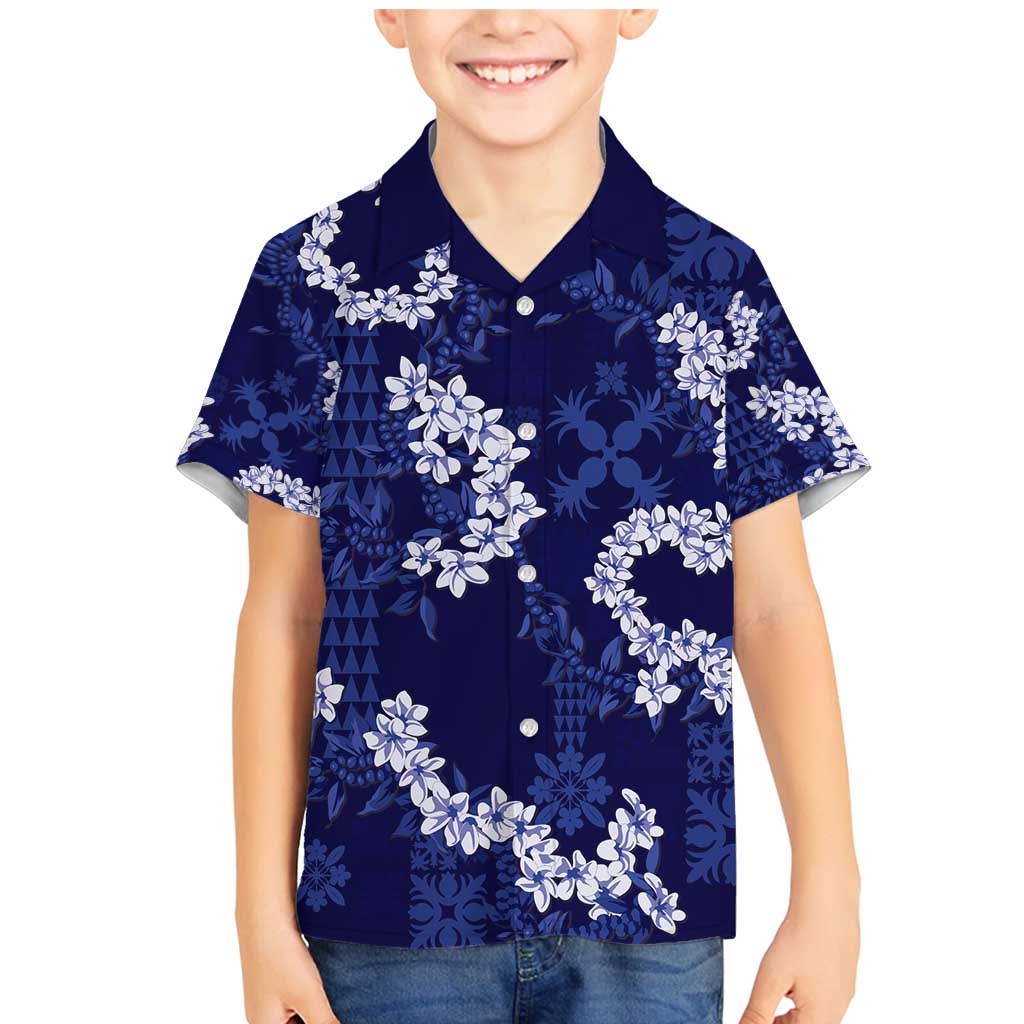 Mokihana Maile and Ilima Leis Family Matching Mermaid Dress and Hawaiian Shirt Uliuli Hawaiian Tapa Quilt Pattern LT9 Son's Shirt Blue - Polynesian Pride