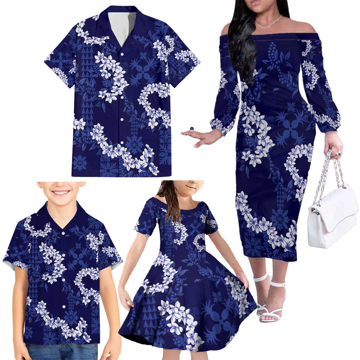 Mokihana Maile and Ilima Leis Family Matching Off The Shoulder Long Sleeve Dress and Hawaiian Shirt Uliuli Hawaiian Tapa Quilt Pattern LT9 - Polynesian Pride