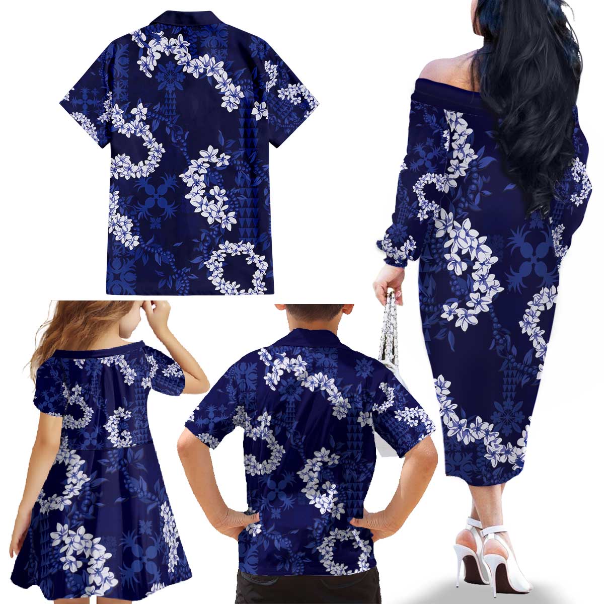 Mokihana Maile and Ilima Leis Family Matching Off The Shoulder Long Sleeve Dress and Hawaiian Shirt Uliuli Hawaiian Tapa Quilt Pattern LT9 - Polynesian Pride