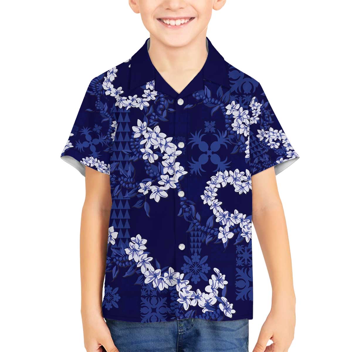 Mokihana Maile and Ilima Leis Family Matching Off The Shoulder Long Sleeve Dress and Hawaiian Shirt Uliuli Hawaiian Tapa Quilt Pattern LT9 Son's Shirt Blue - Polynesian Pride