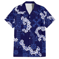 Mokihana Maile and Ilima Leis Family Matching Off Shoulder Maxi Dress and Hawaiian Shirt Uliuli Hawaiian Tapa Quilt Pattern LT9 Dad's Shirt - Short Sleeve Blue - Polynesian Pride