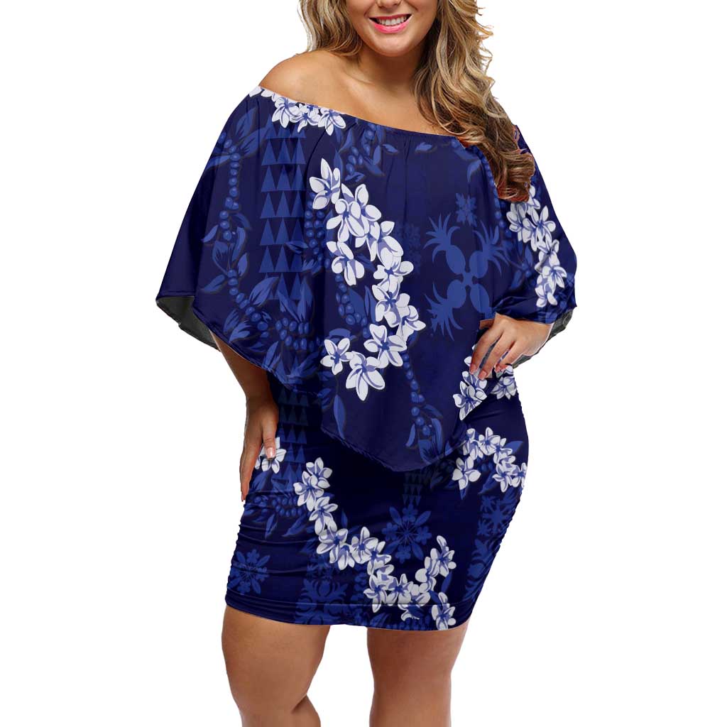 Mokihana Maile and Ilima Leis Family Matching Off Shoulder Short Dress and Hawaiian Shirt Uliuli Hawaiian Tapa Quilt Pattern LT9 Mom's Dress Blue - Polynesian Pride