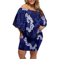 Mokihana Maile and Ilima Leis Family Matching Off Shoulder Short Dress and Hawaiian Shirt Uliuli Hawaiian Tapa Quilt Pattern LT9 Mom's Dress Blue - Polynesian Pride
