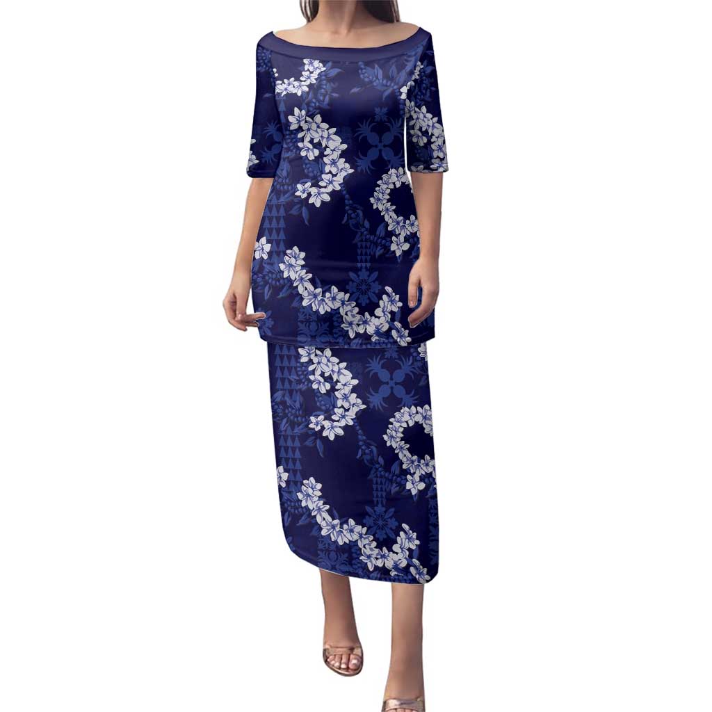 Mokihana Maile and Ilima Leis Family Matching Puletasi and Hawaiian Shirt Uliuli Hawaiian Tapa Quilt Pattern LT9 Mom's Dress Blue - Polynesian Pride