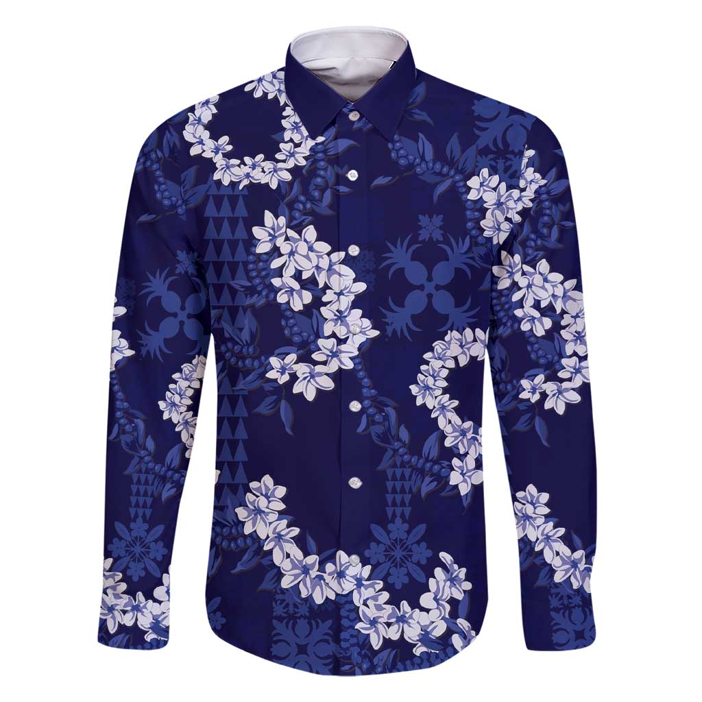 Mokihana Maile and Ilima Leis Family Matching Short Sleeve Bodycon Dress and Hawaiian Shirt Uliuli Hawaiian Tapa Quilt Pattern LT9 Dad's Shirt - Long Sleeve Blue - Polynesian Pride