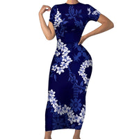 Mokihana Maile and Ilima Leis Family Matching Short Sleeve Bodycon Dress and Hawaiian Shirt Uliuli Hawaiian Tapa Quilt Pattern LT9 Mom's Dress Blue - Polynesian Pride