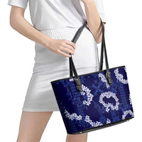Mokihana Maile and Ilima Leis Leather Tote Bag Uliuli Hawaiian Tapa Quilt Pattern - Polynesian Pride