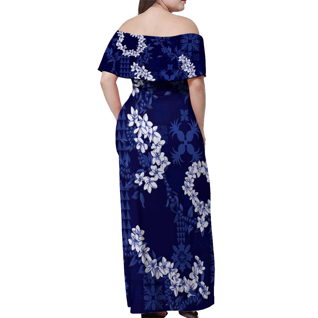Mokihana Maile and Ilima Leis Off Shoulder Maxi Dress Uliuli Hawaiian Tapa Quilt Pattern - Polynesian Pride