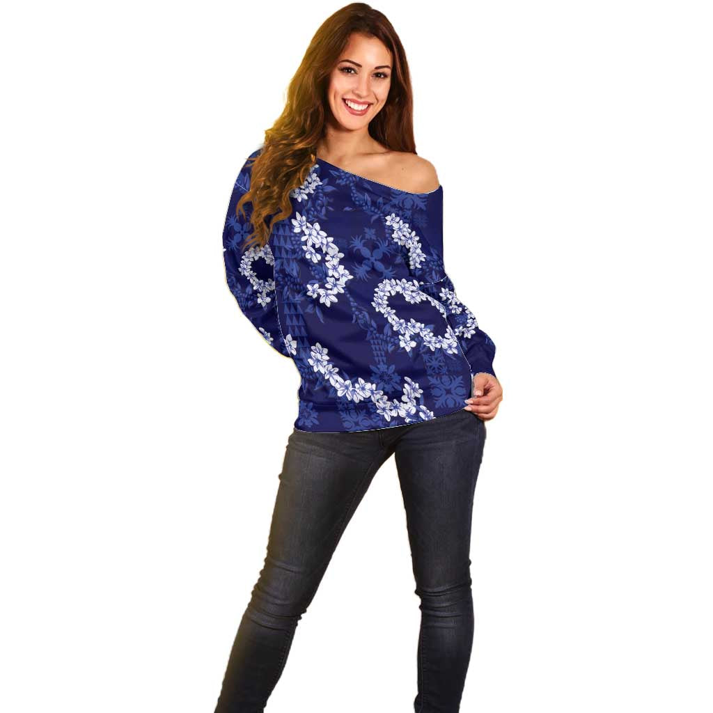 Mokihana Maile and Ilima Leis Off Shoulder Sweater Uliuli Hawaiian Tapa Quilt Pattern - Polynesian Pride