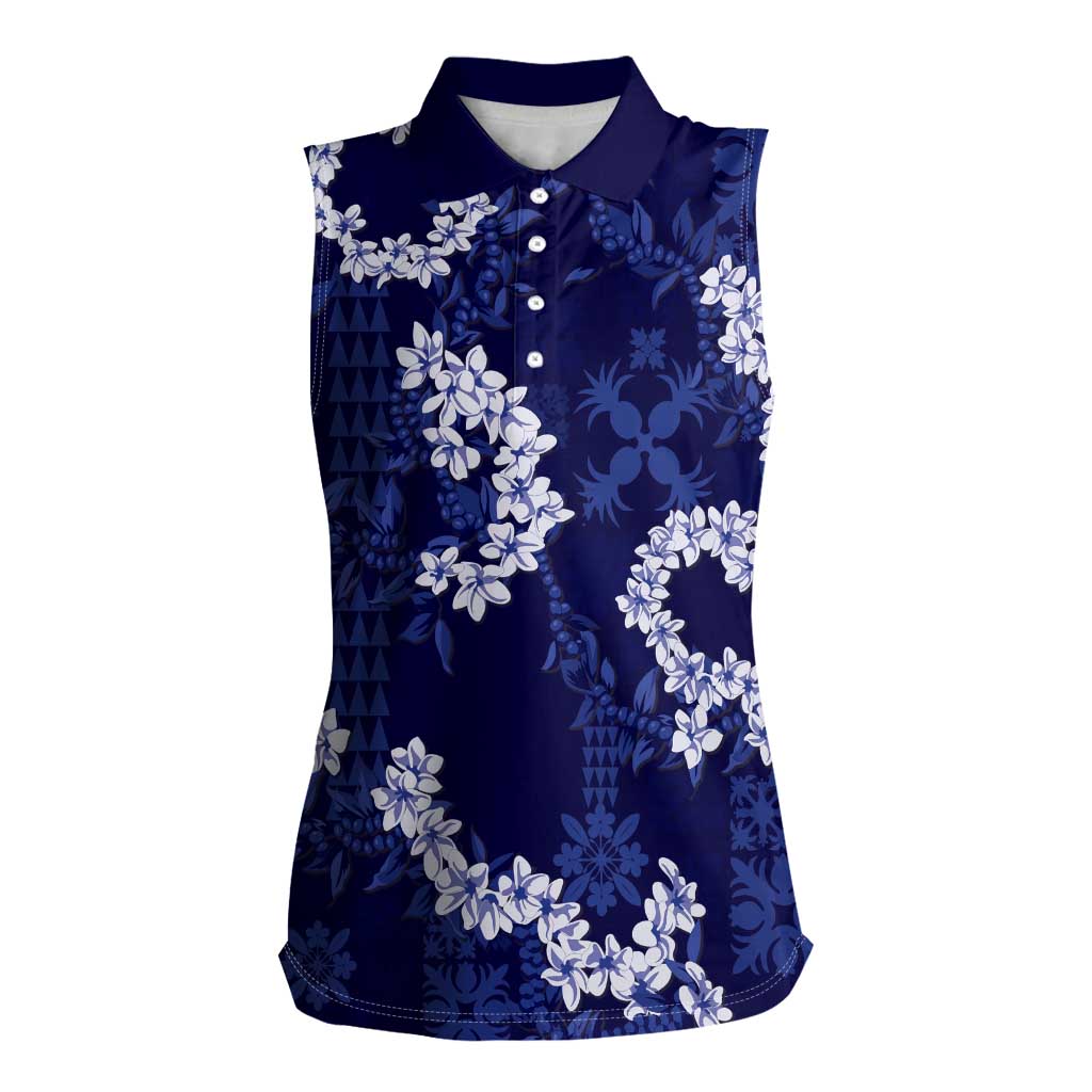 Mokihana Maile and Ilima Leis Women Sleeveless Polo Shirt Uliuli Hawaiian Tapa Quilt Pattern LT9 Female Blue - Polynesian Pride