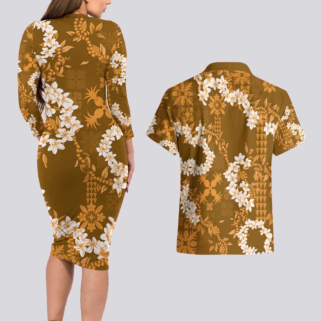 Mokihana Maile and Ilima Leis Couples Matching Long Sleeve Bodycon Dress and Hawaiian Shirt Alani Hawaiian Tapa Quilt Pattern LT9 - Polynesian Pride