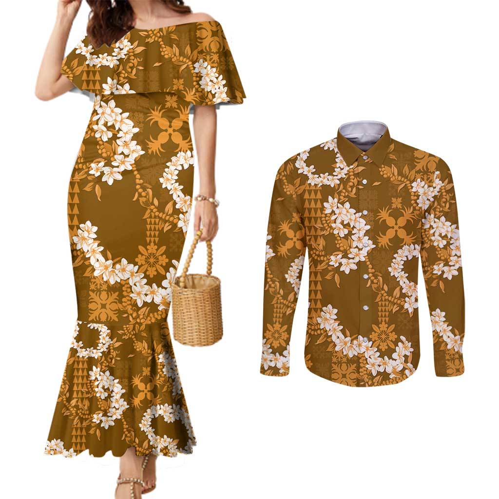 Mokihana Maile and Ilima Leis Couples Matching Mermaid Dress and Long Sleeve Button Shirt Alani Hawaiian Tapa Quilt Pattern LT9 Gold - Polynesian Pride