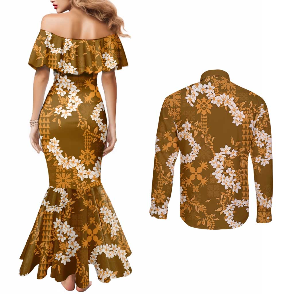 Mokihana Maile and Ilima Leis Couples Matching Mermaid Dress and Long Sleeve Button Shirt Alani Hawaiian Tapa Quilt Pattern LT9 - Polynesian Pride