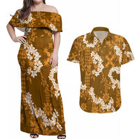 Mokihana Maile and Ilima Leis Couples Matching Off Shoulder Maxi Dress and Hawaiian Shirt Alani Hawaiian Tapa Quilt Pattern LT9 Gold - Polynesian Pride
