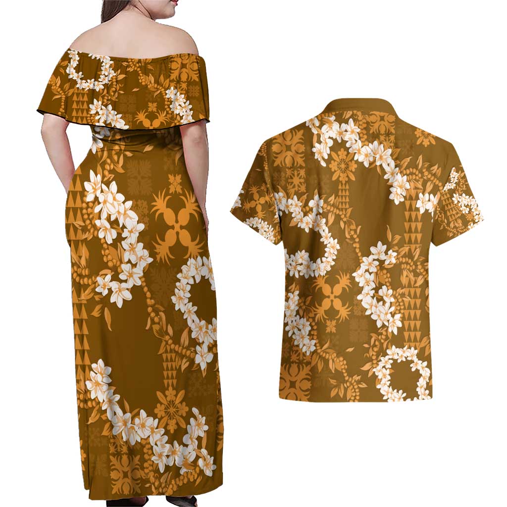 Mokihana Maile and Ilima Leis Couples Matching Off Shoulder Maxi Dress and Hawaiian Shirt Alani Hawaiian Tapa Quilt Pattern LT9 - Polynesian Pride