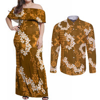 Mokihana Maile and Ilima Leis Couples Matching Off Shoulder Maxi Dress and Long Sleeve Button Shirt Alani Hawaiian Tapa Quilt Pattern LT9 Gold - Polynesian Pride