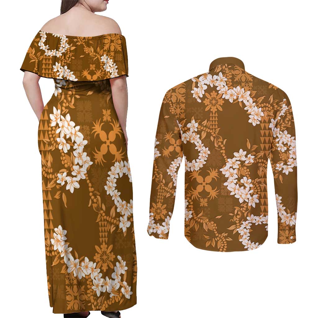 Mokihana Maile and Ilima Leis Couples Matching Off Shoulder Maxi Dress and Long Sleeve Button Shirt Alani Hawaiian Tapa Quilt Pattern LT9 - Polynesian Pride