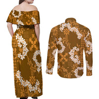 Mokihana Maile and Ilima Leis Couples Matching Off Shoulder Maxi Dress and Long Sleeve Button Shirt Alani Hawaiian Tapa Quilt Pattern LT9 - Polynesian Pride