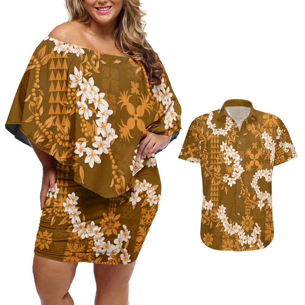 Mokihana Maile and Ilima Leis Couples Matching Off Shoulder Short Dress and Hawaiian Shirt Alani Hawaiian Tapa Quilt Pattern LT9 Gold - Polynesian Pride
